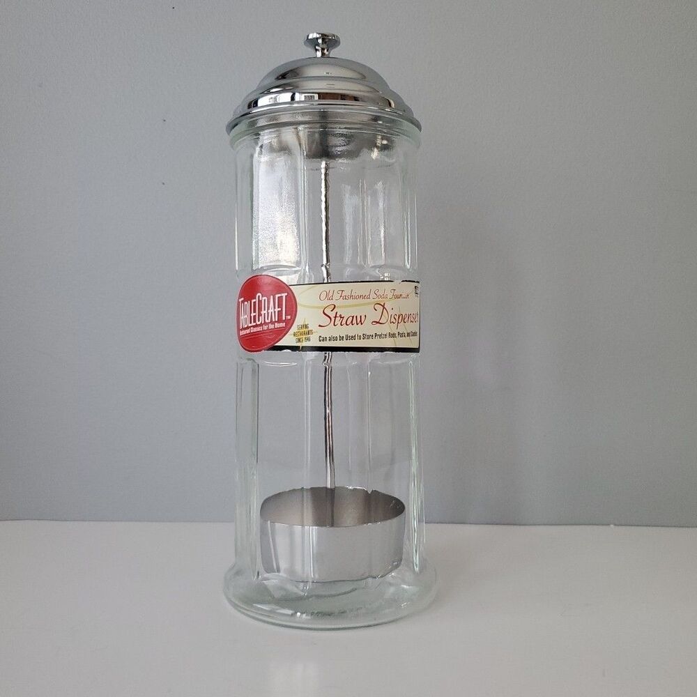 Tablecraft Old Fashioned Soda Fountain Glass Silver Metal Straw Dispenser 11" H